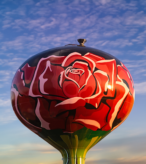 A beautiful red rose flower design on a water tower in Rosemont, Illinois